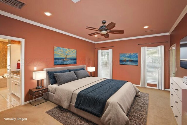 18 Didrickson Ln, Amarillo, TX 79124 - bedroom featuring light colored carpet, recessed lighting, ornamental molding, connected bathroom, and a ceiling fan