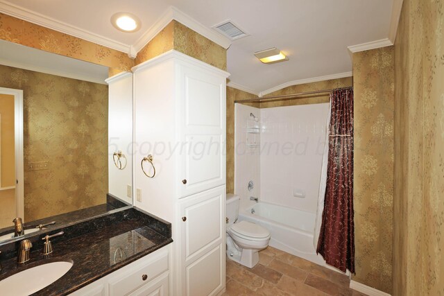 18 Didrickson Ln, Amarillo, TX 79124 - bathroom with vanity, shower / tub combo with curtain, stone finish floors, and ornamental molding