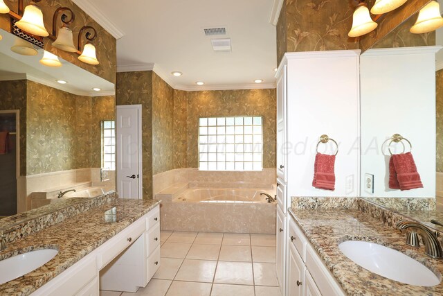 18 Didrickson Ln, Amarillo, TX 79124 - bathroom featuring two vanities, a bath, tile patterned flooring, and crown molding