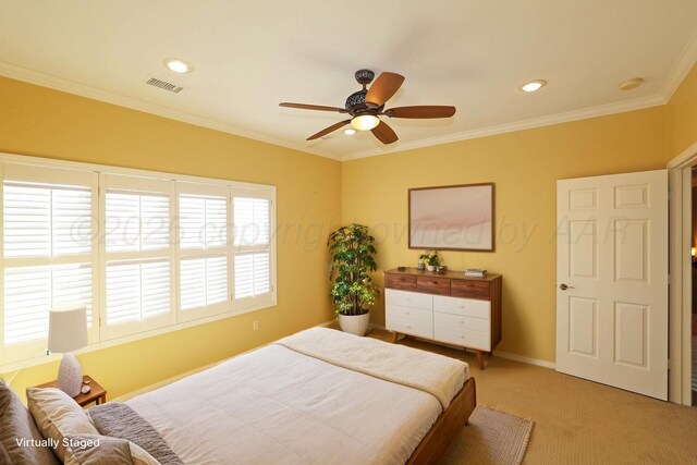 18 Didrickson Ln, Amarillo, TX 79124 - bedroom with light colored carpet, ornamental molding, a ceiling fan, and recessed lighting