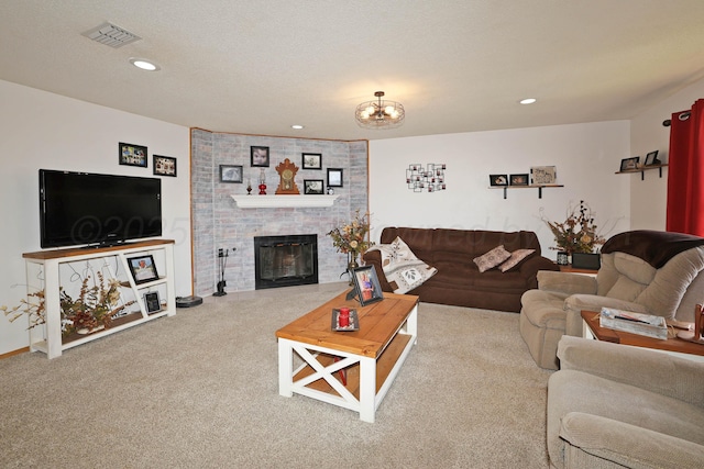 living area with carpet, a brick fireplace, recessed lighting, and baseboards