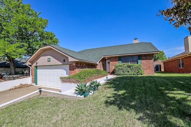 single story home with brick siding, a front yard, an attached garage, a chimney, and roof with shingles