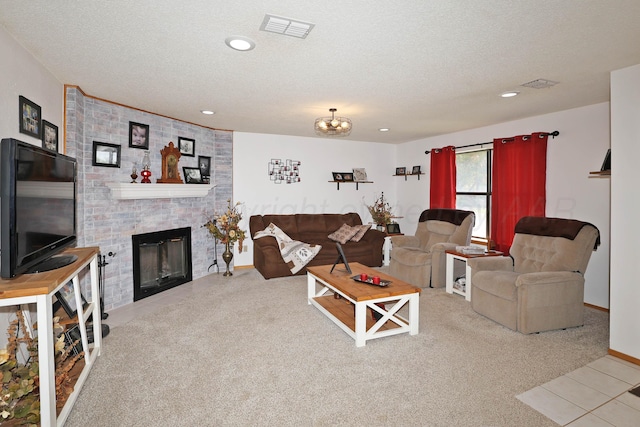 carpeted living area featuring a textured ceiling, a brick fireplace, baseboards, and recessed lighting