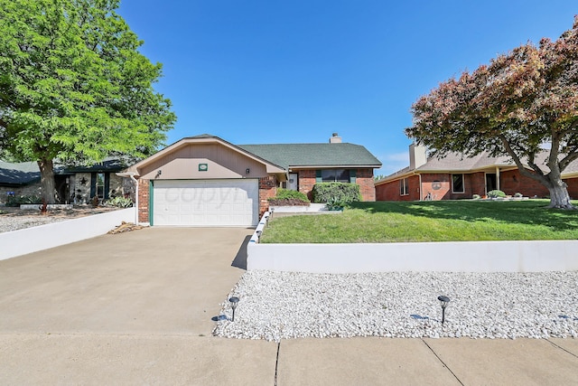 ranch-style house with brick siding, concrete driveway, a garage, a front lawn, and a chimney