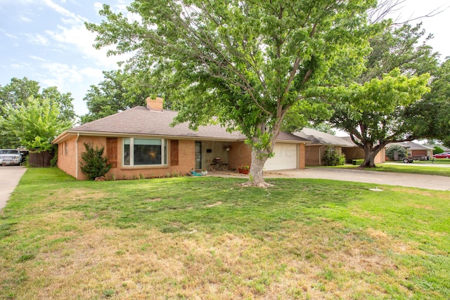 6010 Calumet Rd, Amarillo, TX 79106 - ranch-style home featuring concrete driveway, a chimney, an attached garage, and a front lawn