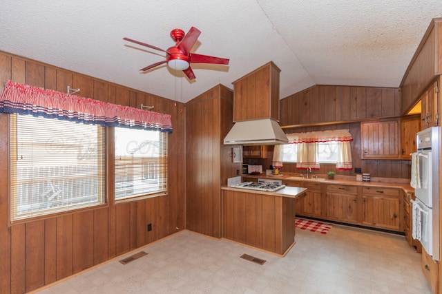 kitchen featuring ventilation hood, lofted ceiling, kitchen peninsula, and a wealth of natural light