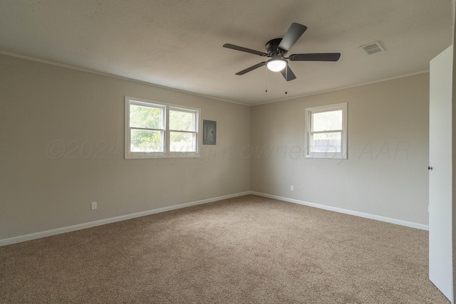 empty room with carpet flooring, electric panel, a wealth of natural light, and ceiling fan