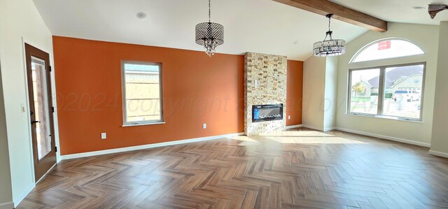 unfurnished living room featuring a stone fireplace, lofted ceiling with beams, parquet floors, and an inviting chandelier