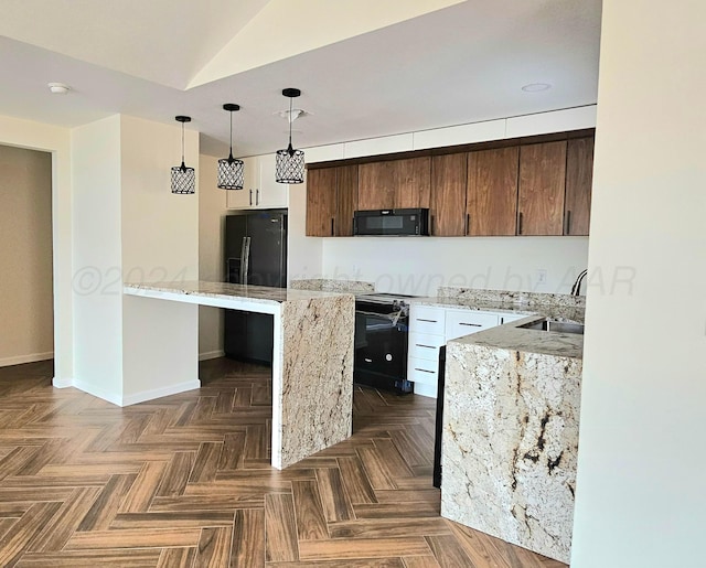 kitchen with dark brown cabinetry, sink, black appliances, light stone countertops, and dark parquet floors