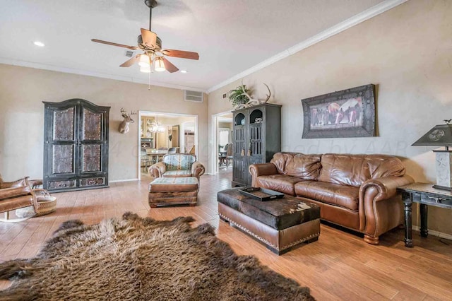 1513 S Girl Scout Rd, Amarillo, TX 79124 - living room with ceiling fan, wood-type flooring, crown molding, baseboards, and recessed lighting