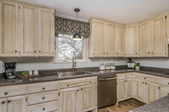 1513 S Girl Scout Rd, Amarillo, TX 79124 - kitchen with dishwasher, a sink, dark countertops, light brown cabinets, and pendant lighting