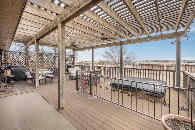 1513 S Girl Scout Rd, Amarillo, TX 79124 - deck with a ceiling fan, a pergola, outdoor lounge area, and a grill
