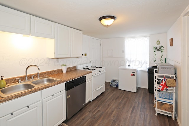 4112 S Monroe St, Amarillo, TX 79110 - kitchen featuring stainless steel dishwasher, white gas range, a sink, dark wood-type flooring, and white cabinetry