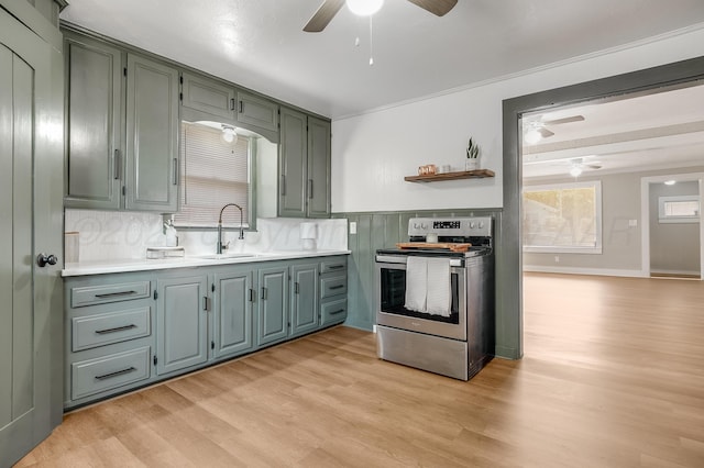 4818 Brown Ave, Amarillo, TX 79108 - kitchen with electric stove, ceiling fan, a sink, and light wood-style floors