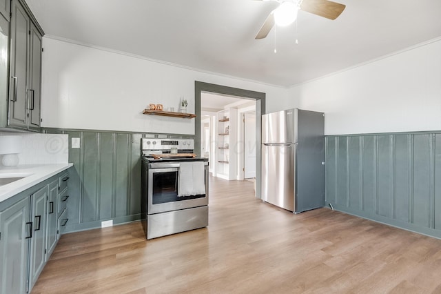 4818 Brown Ave, Amarillo, TX 79108 - kitchen featuring stainless steel appliances, light wood-style flooring, a ceiling fan, light countertops, and tasteful backsplash