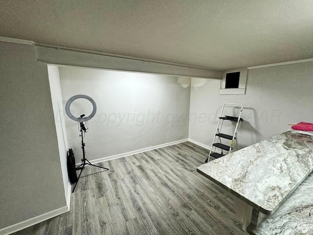 interior space featuring hardwood / wood-style flooring, a textured ceiling, and crown molding