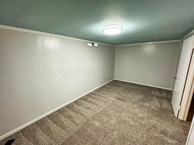 basement featuring carpet floors and a textured ceiling