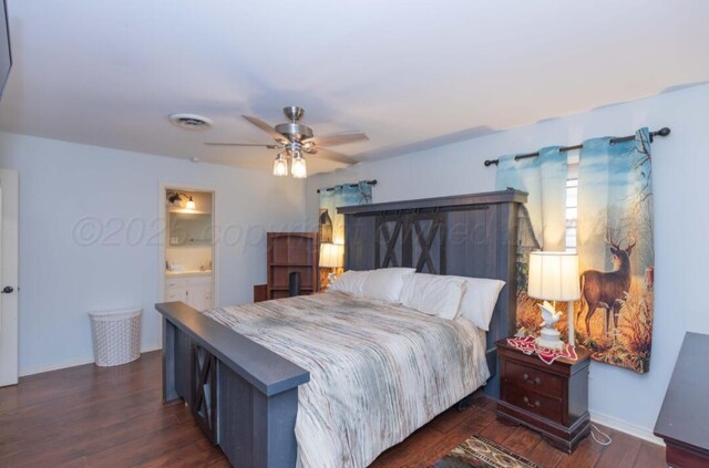 6102 Calumet Rd, Amarillo, TX 79106 - bedroom featuring dark wood-type flooring, ceiling fan, and ensuite bathroom