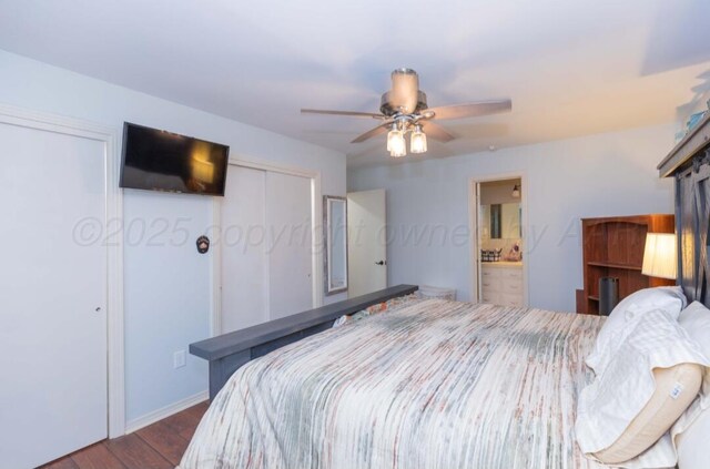 6102 Calumet Rd, Amarillo, TX 79106 - bedroom with dark wood-type flooring, ceiling fan, and ensuite bathroom