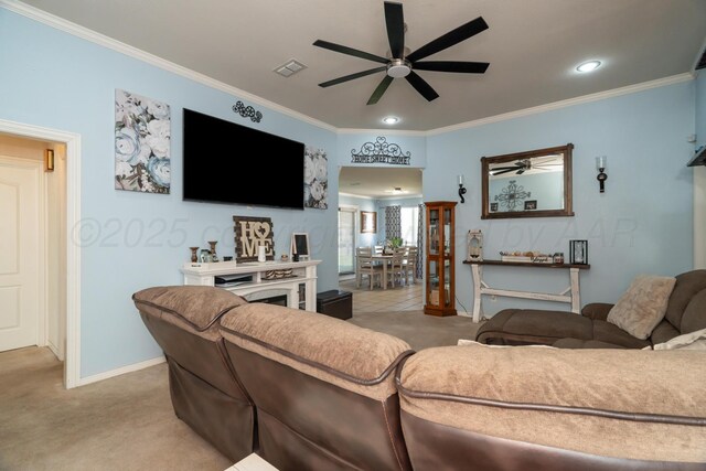 8301 San Antonio Dr, Amarillo, TX 79118 - living room with a ceiling fan, ornamental molding, light carpet, baseboards, and recessed lighting