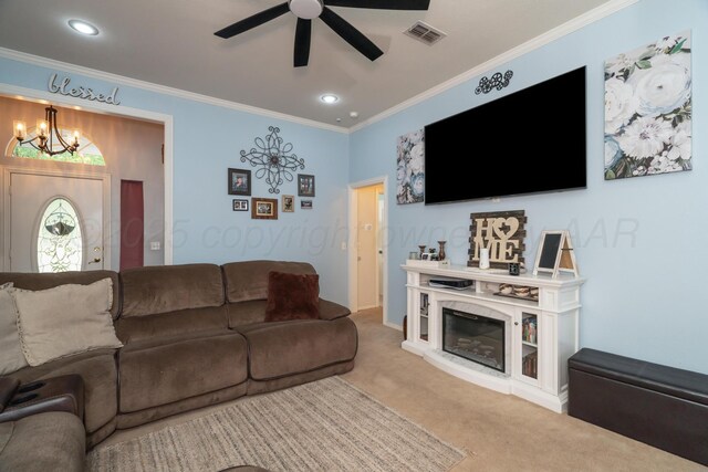 8301 San Antonio Dr, Amarillo, TX 79118 - living room featuring a chandelier, carpet floors, a ceiling fan, crown molding, and a premium fireplace