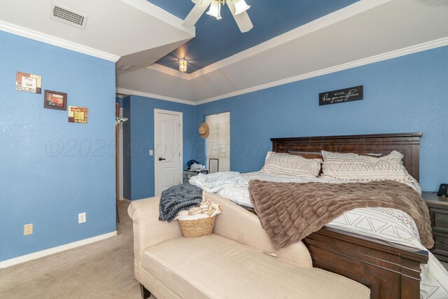8301 San Antonio Dr, Amarillo, TX 79118 - bedroom featuring baseboards, carpet floors, a raised ceiling, ceiling fan, and crown molding