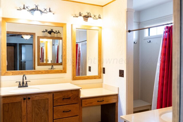 bathroom with vanity and a shower with shower curtain