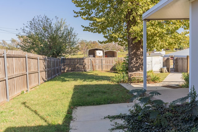 view of yard with a patio and a storage shed