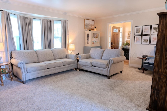 2211 N Aspen Dr, Pampa, TX 79065 - living room featuring light colored carpet and ornamental molding