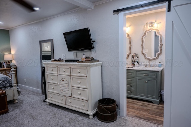 2211 N Aspen Dr, Pampa, TX 79065 - carpeted bedroom with ornamental molding, a sink, a barn door, a textured wall, and baseboards
