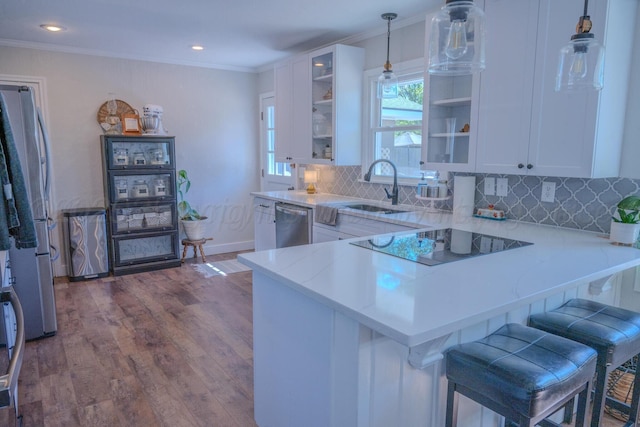 2211 N Aspen Dr, Pampa, TX 79065 - kitchen with appliances with stainless steel finishes, crown molding, white cabinetry, a peninsula, and dark wood-style floors
