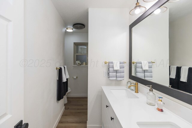 3301 Palmetto Trl, Amarillo, TX 79106 - bathroom with toilet, double vanity, wood finished floors, and baseboards