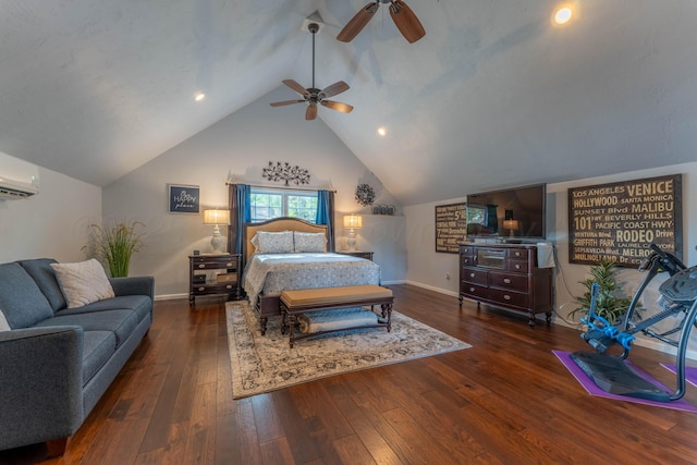 bedroom with hardwood / wood-style flooring, a wall mounted AC, vaulted ceiling, baseboards, and a ceiling fan