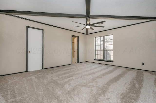 unfurnished bedroom with beamed ceiling, crown molding, and light carpet