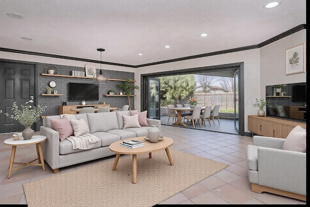 tiled living room featuring crown molding