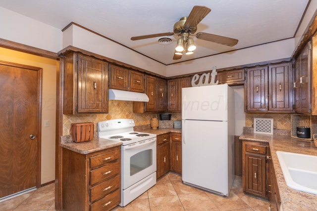 5025 S Fannin St, Amarillo, TX 79110 - kitchen featuring white appliances, under cabinet range hood, tasteful backsplash, a ceiling fan, and light tile patterned floors