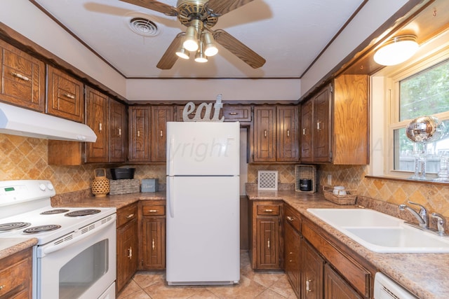 5025 S Fannin St, Amarillo, TX 79110 - kitchen featuring white appliances, under cabinet range hood, light tile patterned flooring, ceiling fan, and tasteful backsplash