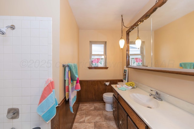 5025 S Fannin St, Amarillo, TX 79110 - bathroom featuring vanity, a wainscoted wall, and a shower