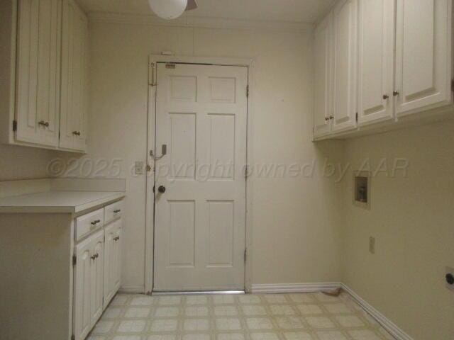 7503 Baughman Dr, Amarillo, TX 79121 - laundry room featuring light flooring, cabinet space, hookup for a washing machine, and ceiling fan