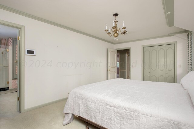 4321 Emil Ave, Amarillo, TX 79106 - carpeted bedroom with crown molding, a chandelier, baseboards, and a closet