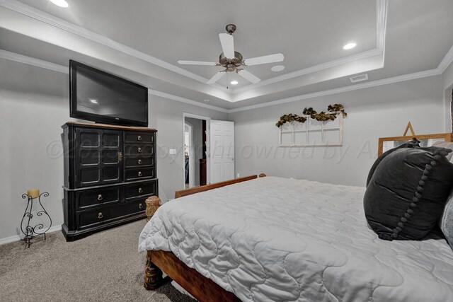 905 Red Deer Ln, White Deer, TX 79097 - carpeted bedroom with a raised ceiling, recessed lighting, a ceiling fan, crown molding, and baseboards