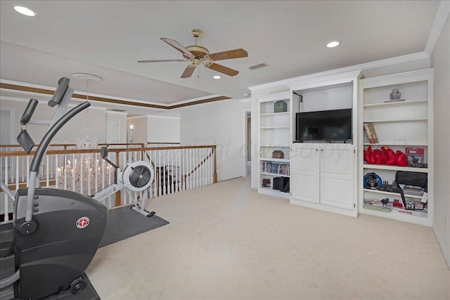 3511 Kensington Pl, Amarillo, TX 79121 - workout room with a ceiling fan, carpet floors, crown molding, and recessed lighting