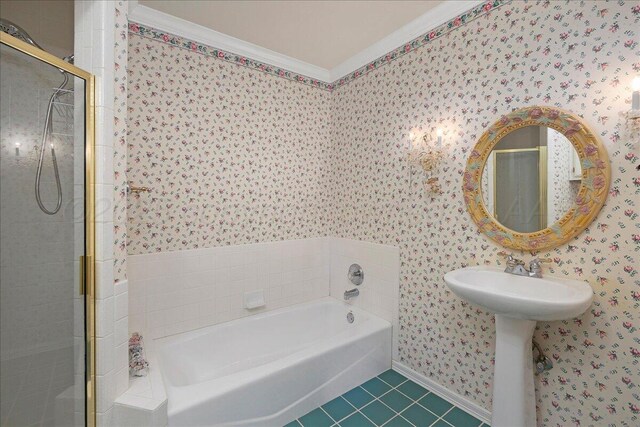 3511 Kensington Pl, Amarillo, TX 79121 - full bath with wallpapered walls, tile patterned flooring, ornamental molding, a bath, and a stall shower