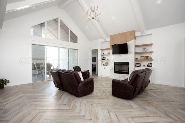 9800 Barton Springs Dr, Amarillo, TX 79119 - living area featuring a chandelier, high vaulted ceiling, baseboards, beam ceiling, and a fireplace