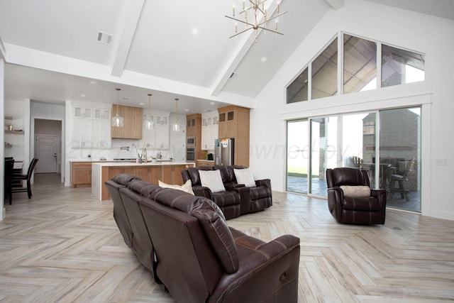 9800 Barton Springs Dr, Amarillo, TX 79119 - living room featuring high vaulted ceiling, a chandelier, beam ceiling, and recessed lighting