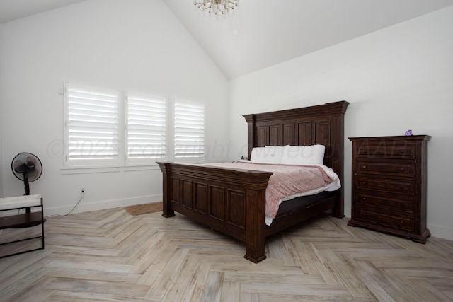 9800 Barton Springs Dr, Amarillo, TX 79119 - bedroom with baseboards, high vaulted ceiling, and a chandelier