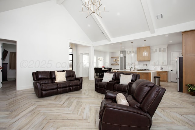 9800 Barton Springs Dr, Amarillo, TX 79119 - living area featuring a chandelier, high vaulted ceiling, baseboards, beamed ceiling, and recessed lighting