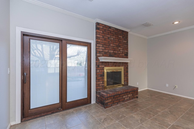 unfurnished living room with visible vents, recessed lighting, crown molding, baseboards, and a brick fireplace