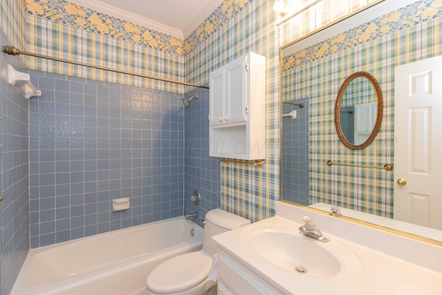 full bath featuring wallpapered walls, toilet, vanity, and shower / washtub combination
