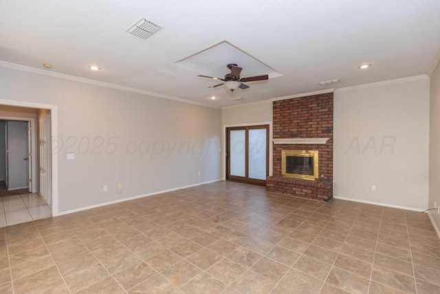 unfurnished living room with recessed lighting, a ceiling fan, visible vents, and ornamental molding